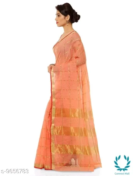 Orange Kota Doria Cotton Zari Stripes Checks saree with Unstitched Blouse piece - Striped, Pack Of :1
